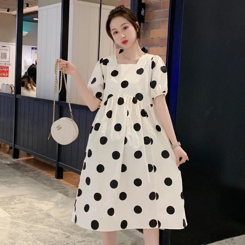 Fashionable Loose Long Pregnancy Dress Polka Dot T-shirt Summer Clothes Women Short Sleeve Fiber Fabric
