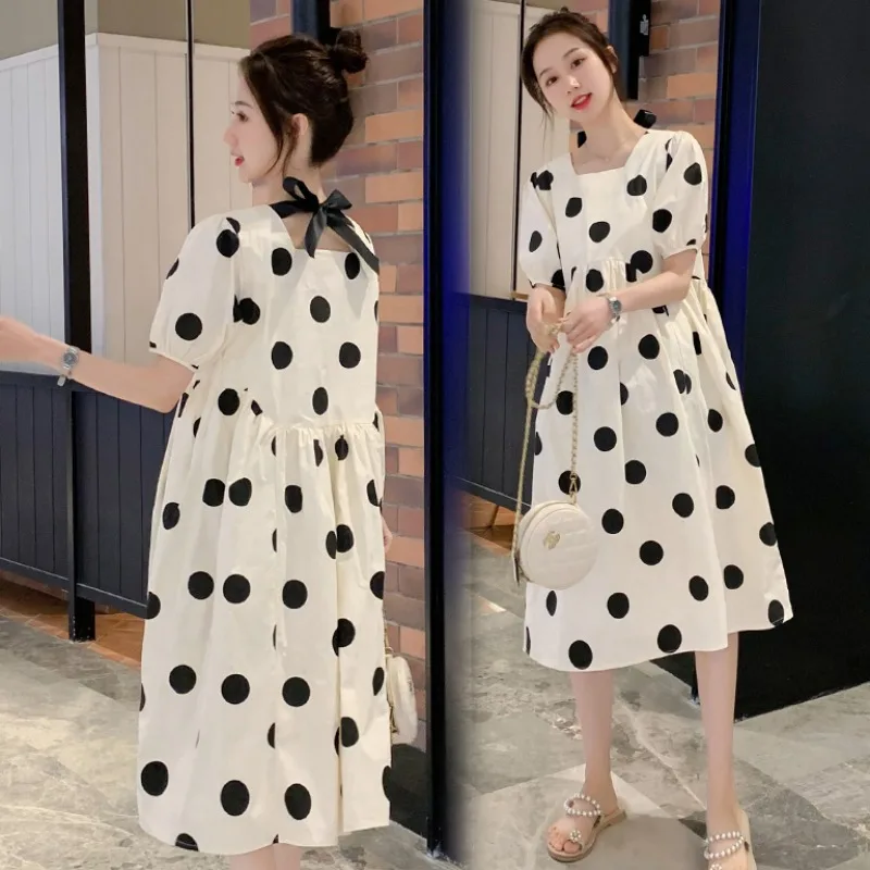 Fashionable Loose Long Pregnancy Dress Polka Dot T-shirt Summer Clothes Women Short Sleeve Fiber Fabric