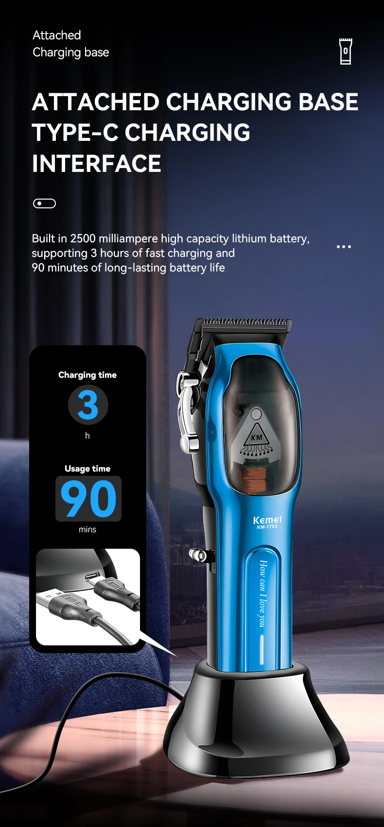 Kemei Barber High Speed Motor 9000 RPM Electric Hair Clipper Rechargeable Professional Hair Trimmer With Charging Base KM-1763