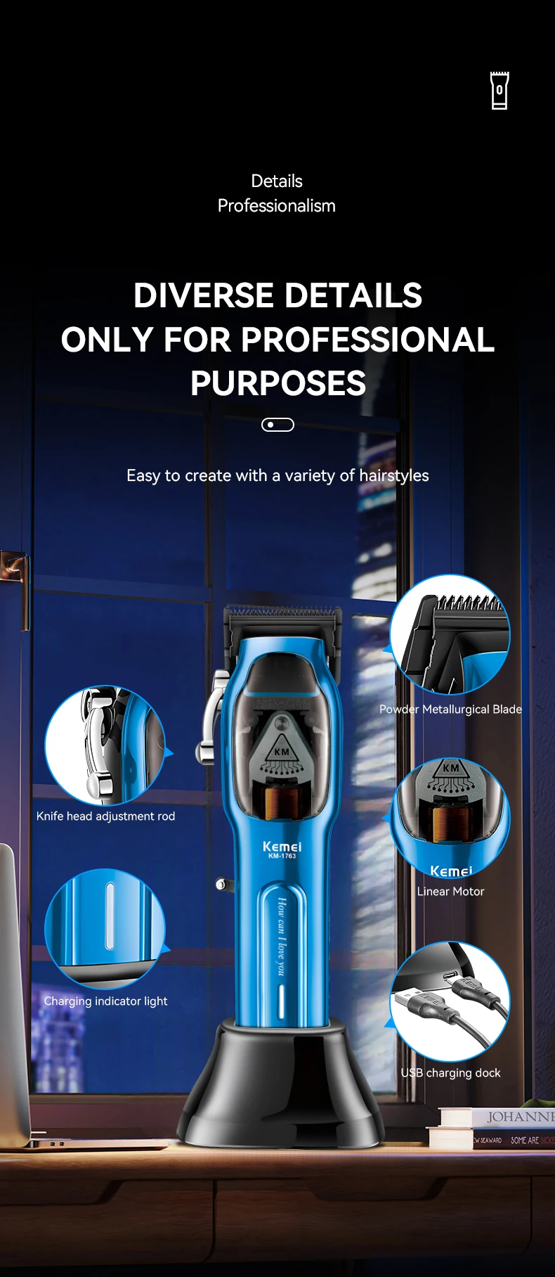 Kemei Barber High Speed Motor 9000 RPM Electric Hair Clipper Rechargeable Professional Hair Trimmer With Charging Base KM-1763