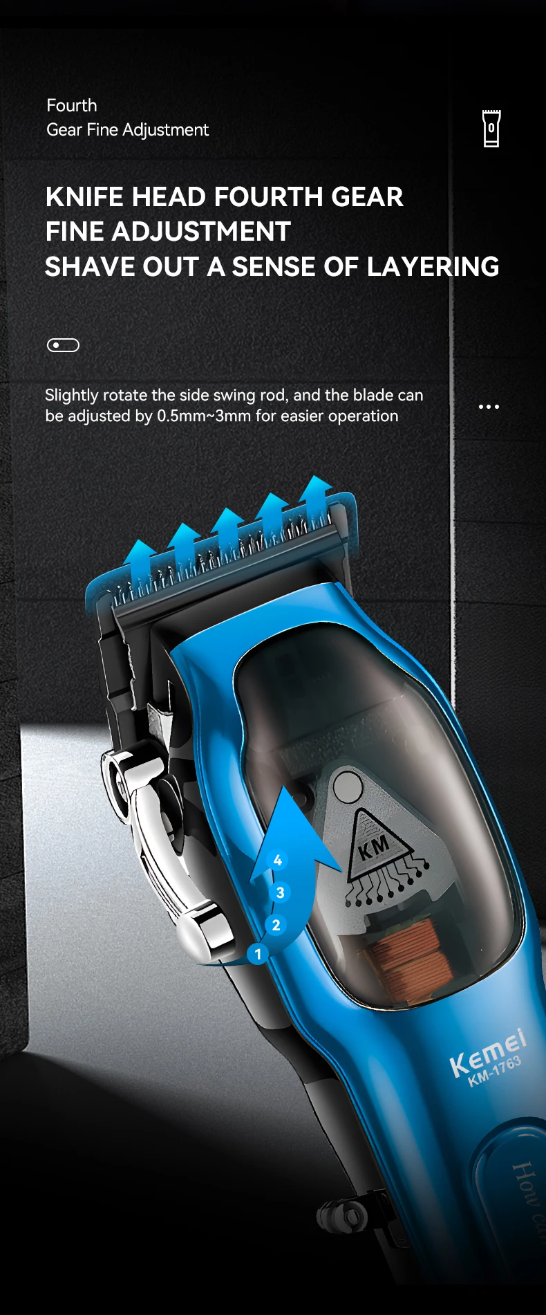 Kemei Barber High Speed Motor 9000 RPM Electric Hair Clipper Rechargeable Professional Hair Trimmer With Charging Base KM-1763