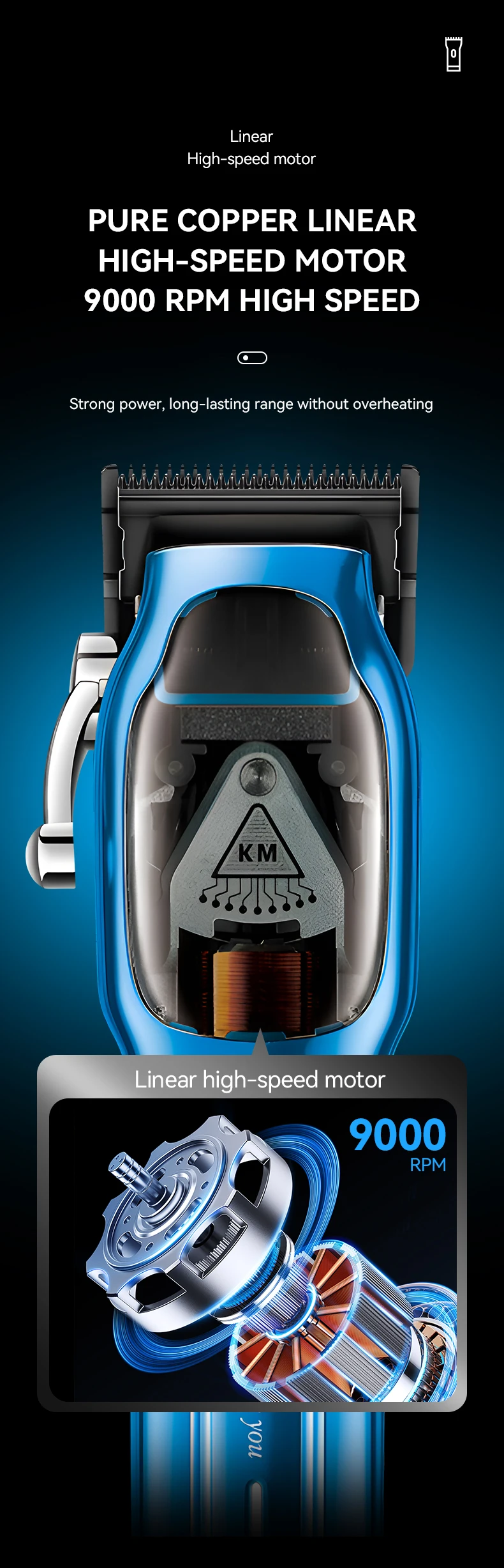 Kemei Barber High Speed Motor 9000 RPM Electric Hair Clipper Rechargeable Professional Hair Trimmer With Charging Base KM-1763