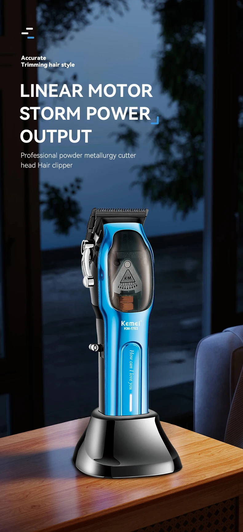 Kemei Barber High Speed Motor 9000 RPM Electric Hair Clipper Rechargeable Professional Hair Trimmer With Charging Base KM-1763