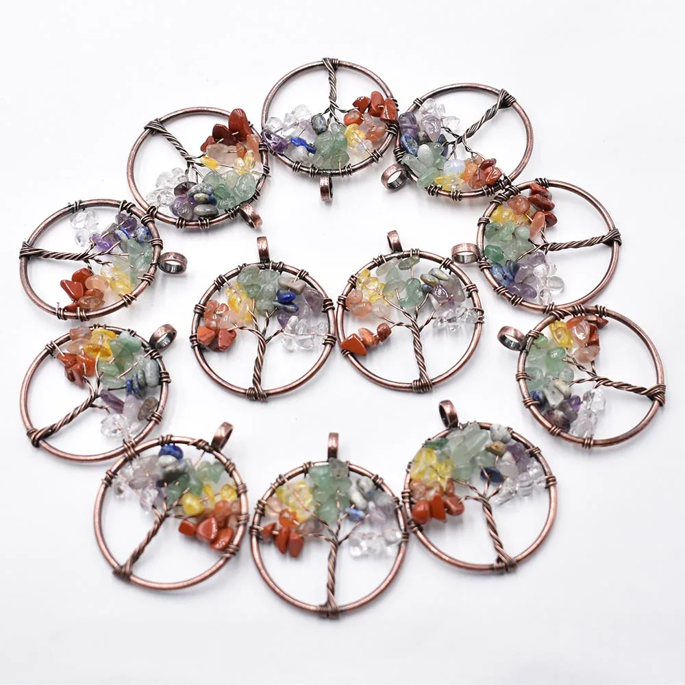 Wholesale 12pcs/lot 7 Chakra Natural Stone Wrap Wisdom Tree of Life gold colour Plated Round Pendants for necklace making