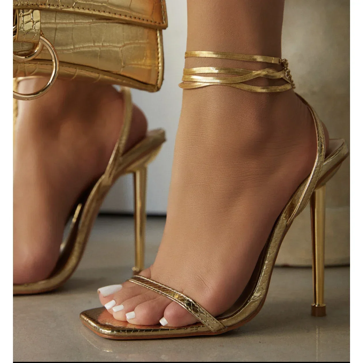 Women Heels Sexy Gold High Heels Sandals Thin Single Strap Metal Stiletto Sandals Gold Heel Shoes
