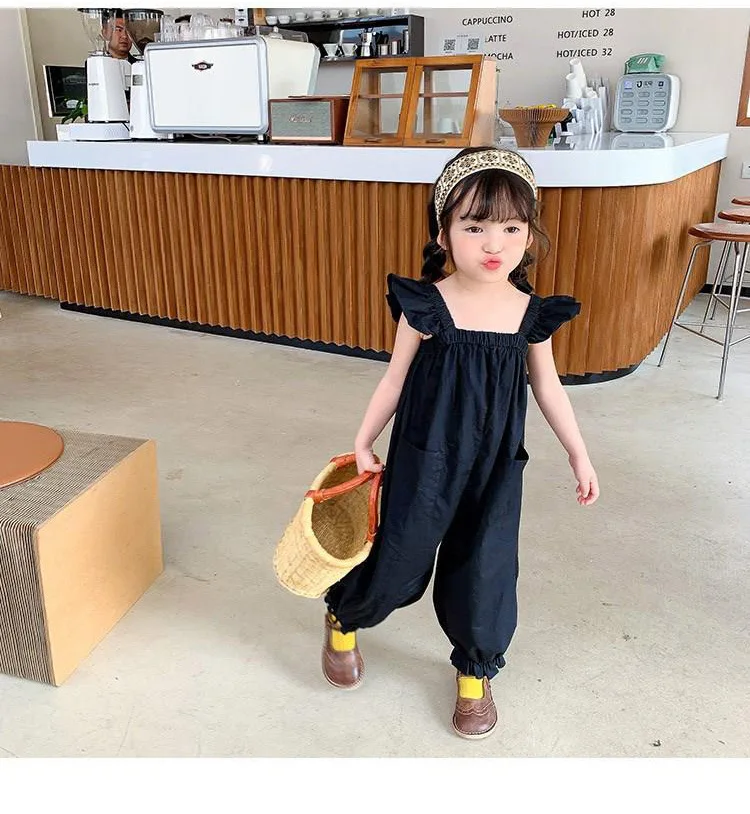 Girls little fly sleeve backpack pants summer new children female baby Children's dress falfashion outside wear jumpsuit spring