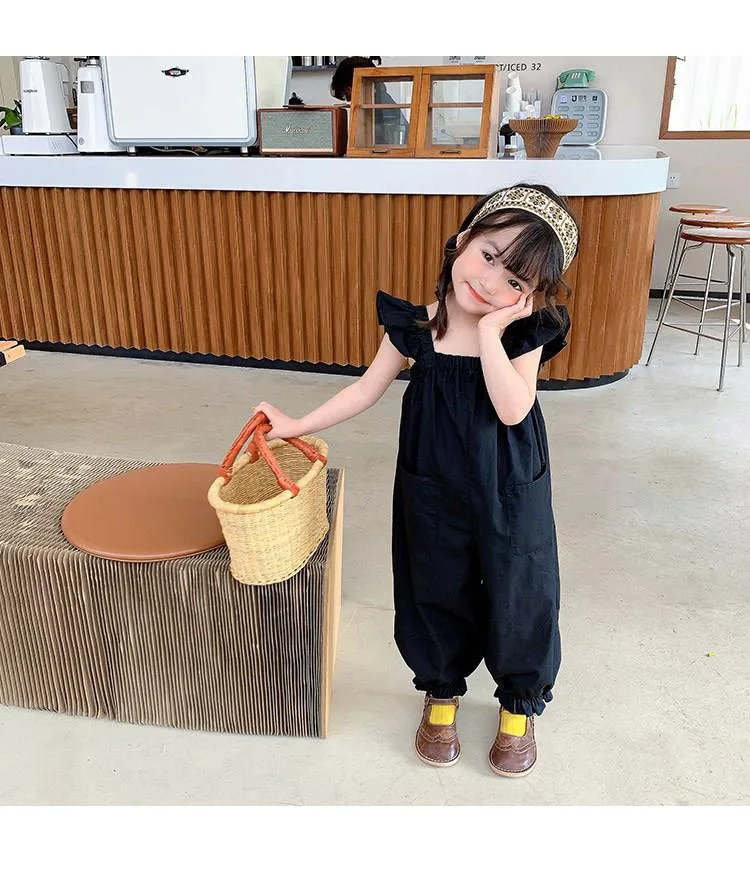 Girls little fly sleeve backpack pants summer new children female baby Children's dress falfashion outside wear jumpsuit spring