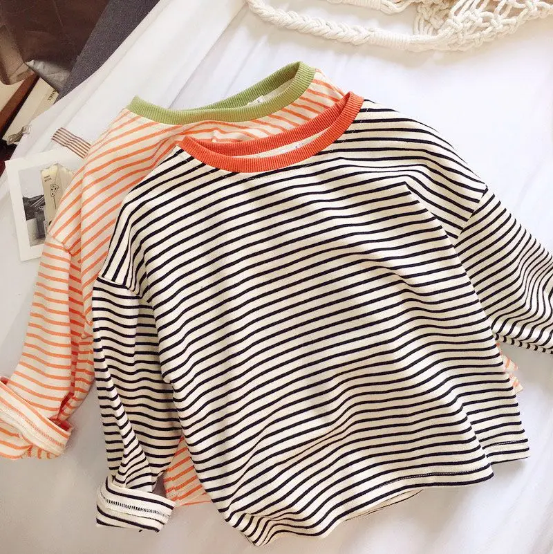 Boys and Girls T-shirt Long Sleeved Children's Base Shirt Spring and Autumn Pure Cotton Casual Versatile Striped Baby Top