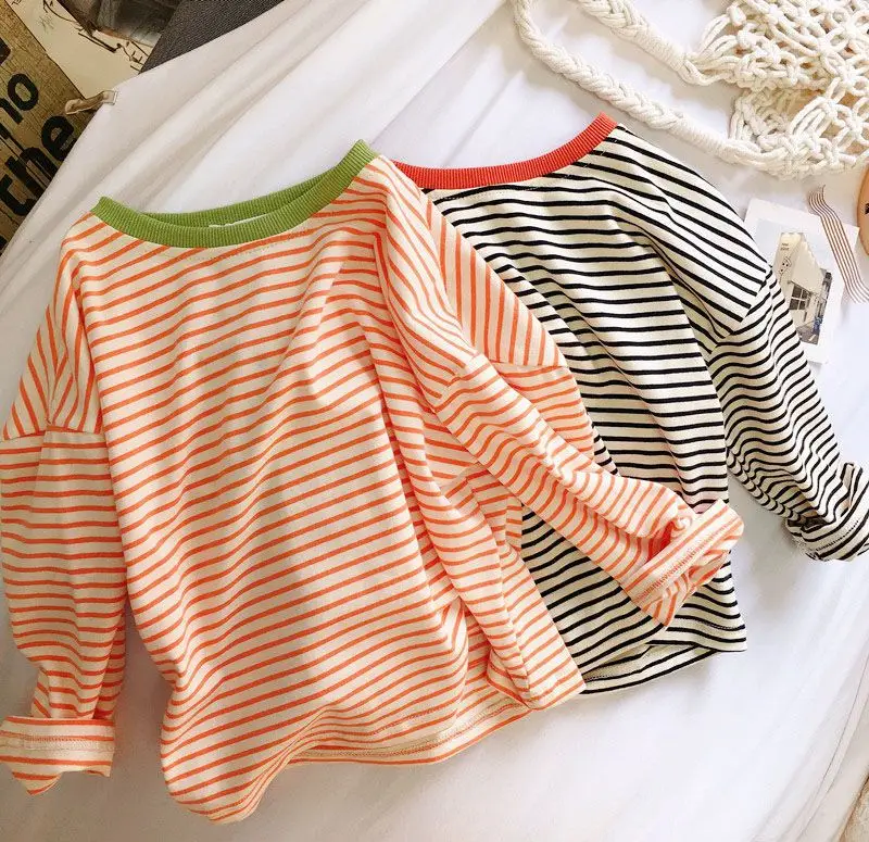 Boys and Girls T-shirt Long Sleeved Children's Base Shirt Spring and Autumn Pure Cotton Casual Versatile Striped Baby Top