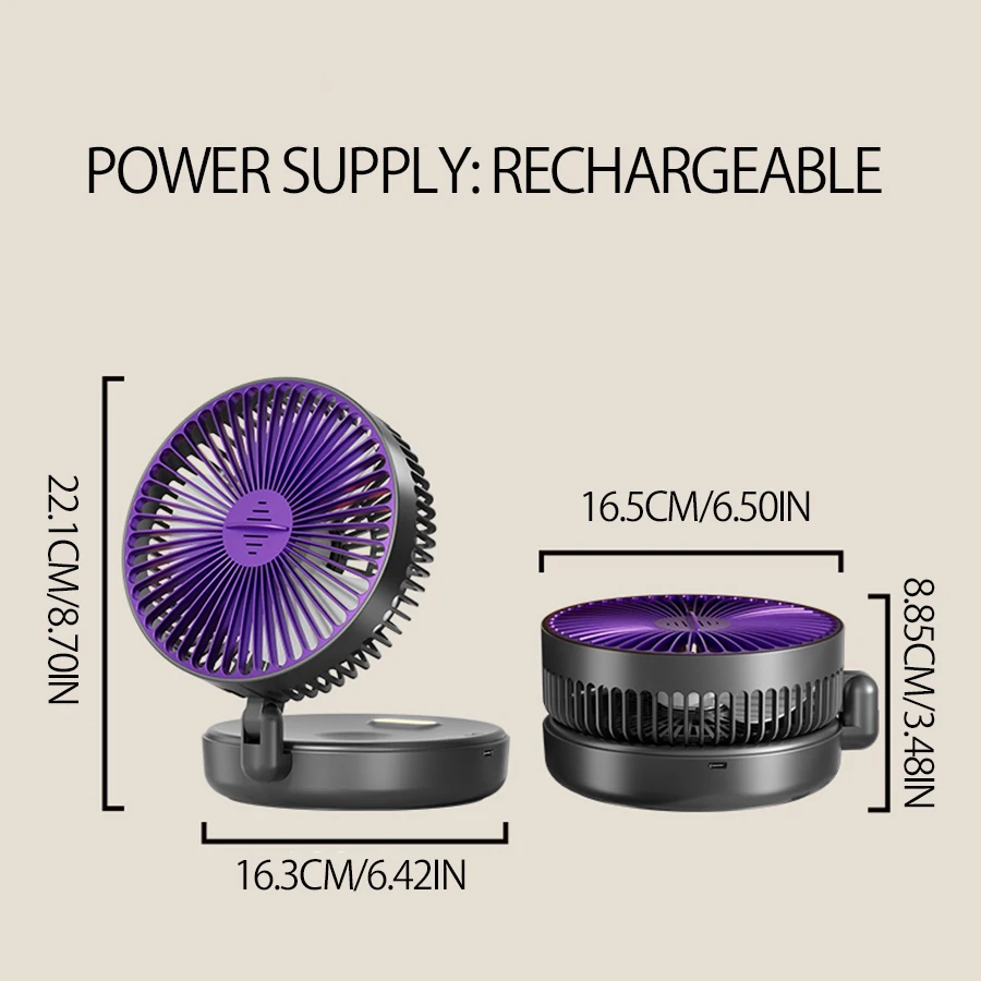 2024 New Rechargeable 3IN1 Multifunctional Portable Fan Wall Mounted Fan 90° Folding Fan 4 Gears With Warm Night Light