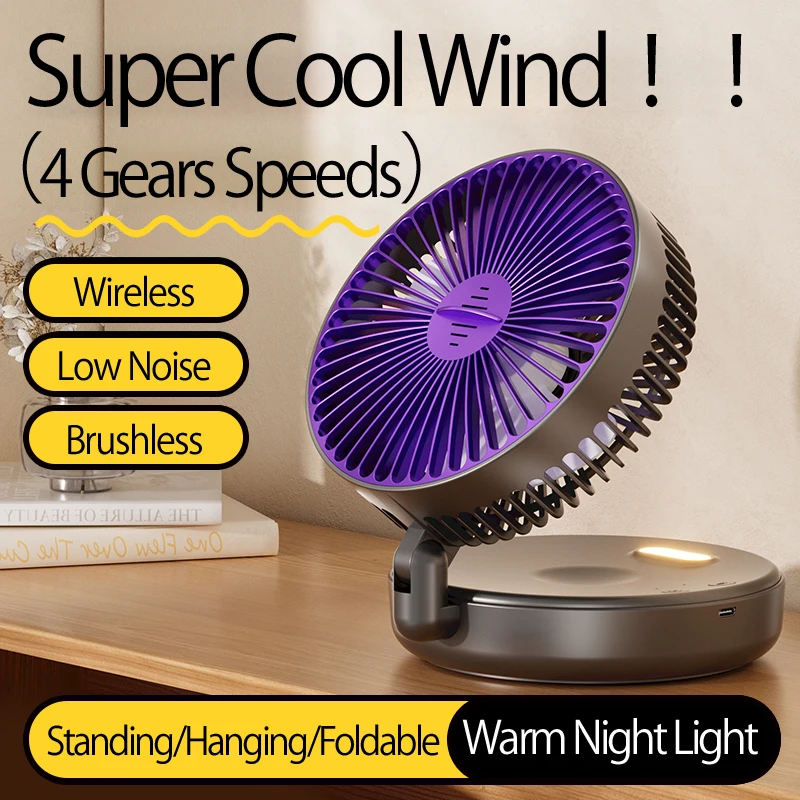 2024 New Rechargeable 3IN1 Multifunctional Portable Fan Wall Mounted Fan 90° Folding Fan 4 Gears With Warm Night Light