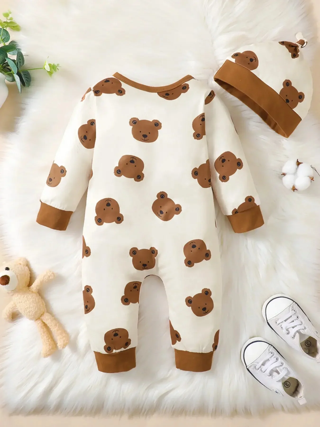Winter Newborn Infant Baby Boys Romper Bear Print Long Sleeve Button Up Front Rompers Kids Onepiece Soft Fashion Baby Clothing