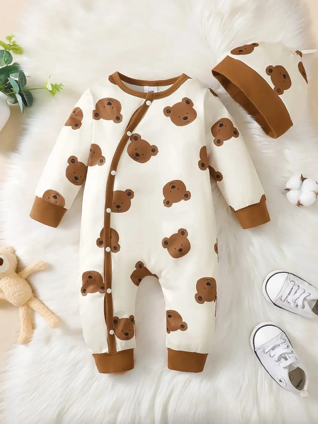 Winter Newborn Infant Baby Boys Romper Bear Print Long Sleeve Button Up Front Rompers Kids Onepiece Soft Fashion Baby Clothing