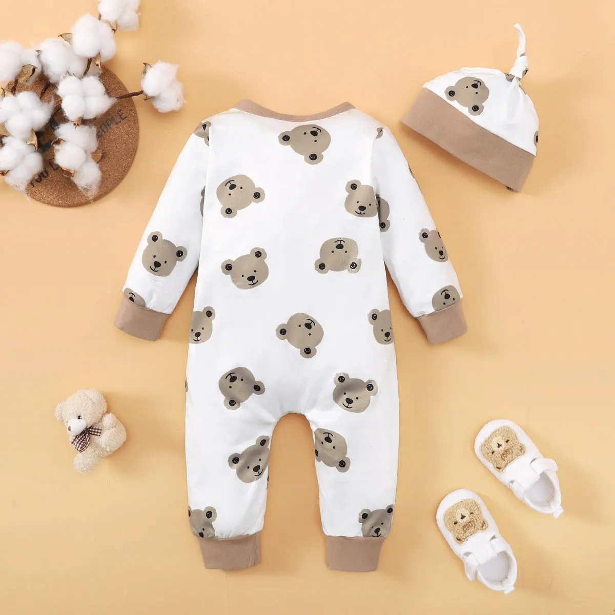 Winter Newborn Infant Baby Boys Romper Bear Print Long Sleeve Button Up Front Rompers Kids Onepiece Soft Fashion Baby Clothing