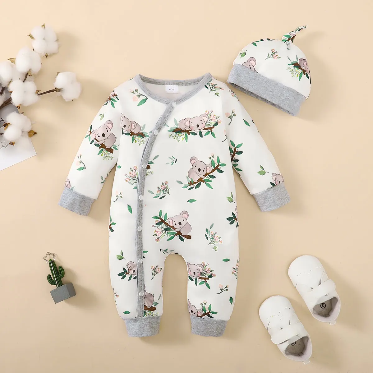 Winter Newborn Infant Baby Boys Romper Bear Print Long Sleeve Button Up Front Rompers Kids Onepiece Soft Fashion Baby Clothing