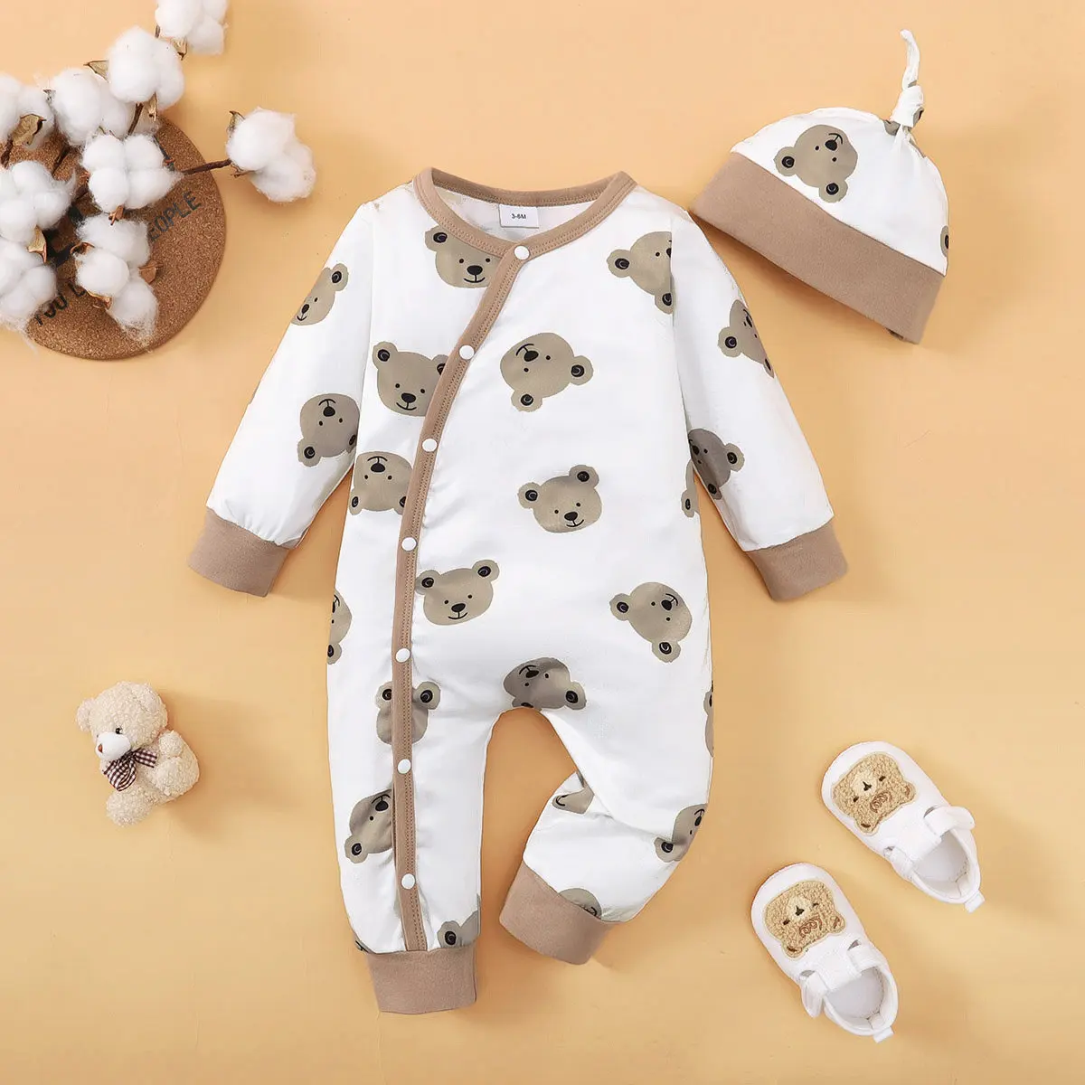 Winter Newborn Infant Baby Boys Romper Bear Print Long Sleeve Button Up Front Rompers Kids Onepiece Soft Fashion Baby Clothing