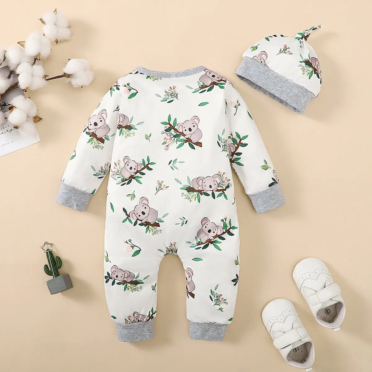 Winter Newborn Infant Baby Boys Romper Bear Print Long Sleeve Button Up Front Rompers Kids Onepiece Soft Fashion Baby Clothing