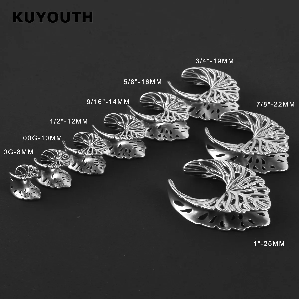 KUYOUTH Leaf Veins Ear Tunnels Gauges Hollow Expanders Saddle Stretchers Piercing Jewelry Earring Copper 2PCS
