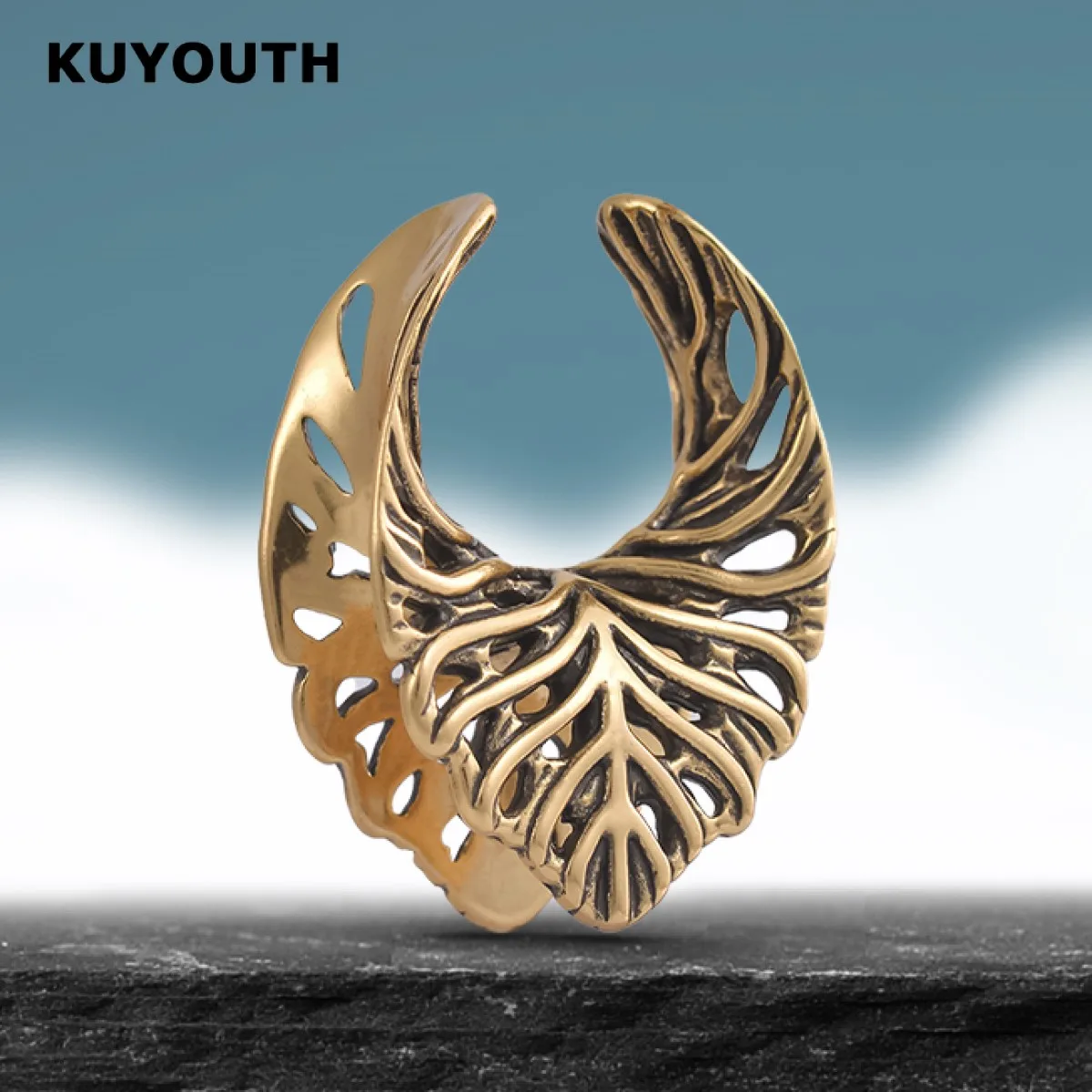 KUYOUTH Leaf Veins Ear Tunnels Gauges Hollow Expanders Saddle Stretchers Piercing Jewelry Earring Copper 2PCS