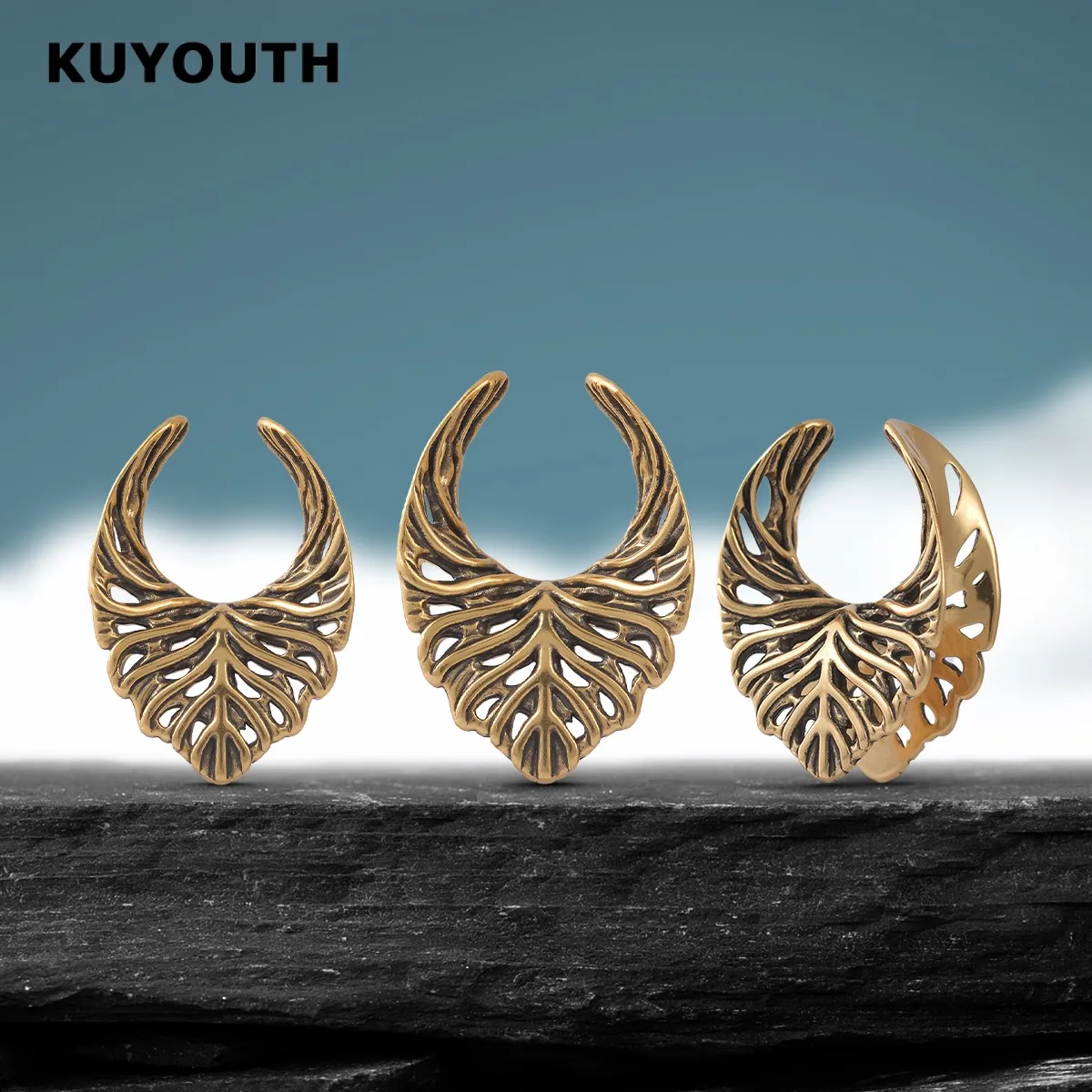 KUYOUTH Leaf Veins Ear Tunnels Gauges Hollow Expanders Saddle Stretchers Piercing Jewelry Earring Copper 2PCS