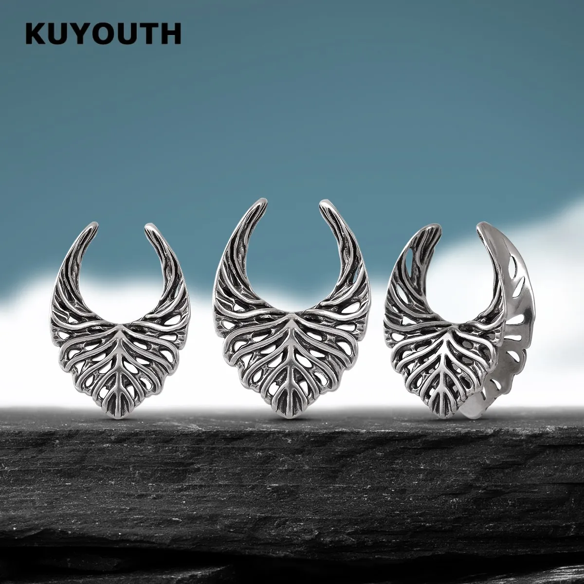 KUYOUTH Leaf Veins Ear Tunnels Gauges Hollow Expanders Saddle Stretchers Piercing Jewelry Earring Copper 2PCS