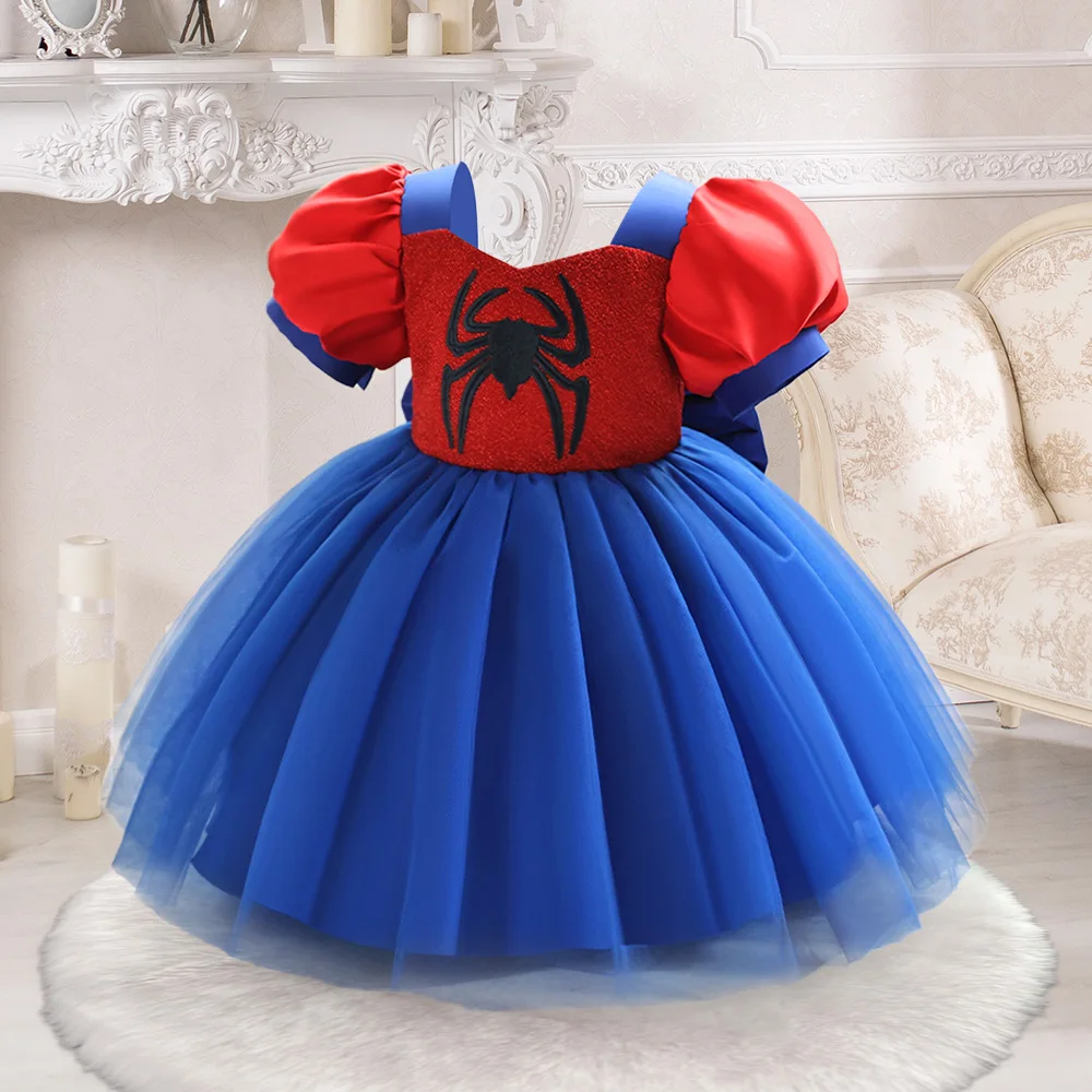 Infant Girls Spider Cosplay Dress Baby Girl Birthday Party Dresses Toddler Puff Sleeves Tulle Princess Gown Kids Holiday Costume