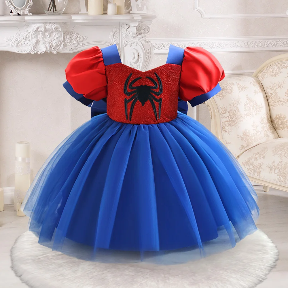 Infant Girls Spider Cosplay Dress Baby Girl Birthday Party Dresses Toddler Puff Sleeves Tulle Princess Gown Kids Holiday Costume