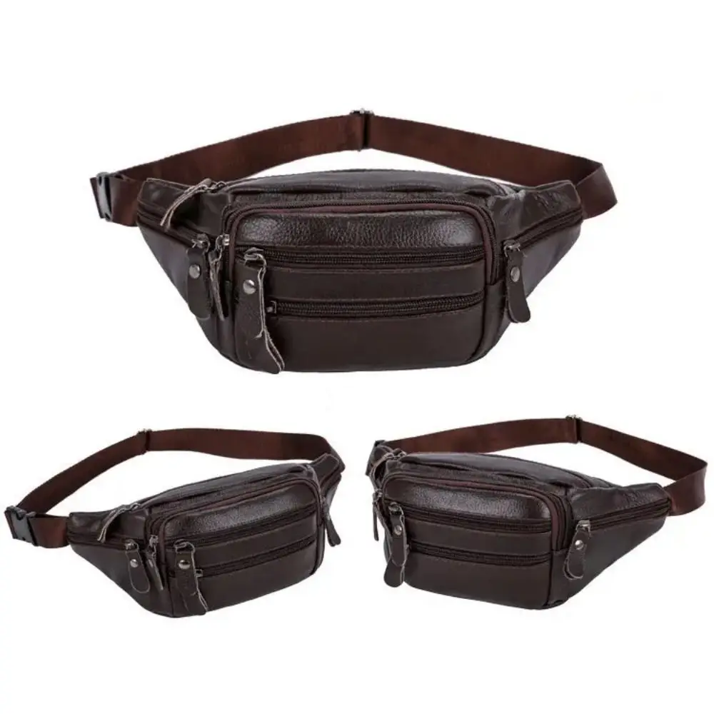 Fashion Multi-layered Men's Waist Bag Fashion Waterproof Large Capacity Travel Phone Bag PU Leather Zipper Waist Purse Pack