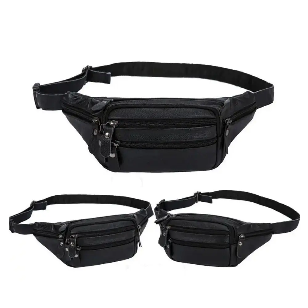 Fashion Multi-layered Men's Waist Bag Fashion Waterproof Large Capacity Travel Phone Bag PU Leather Zipper Waist Purse Pack
