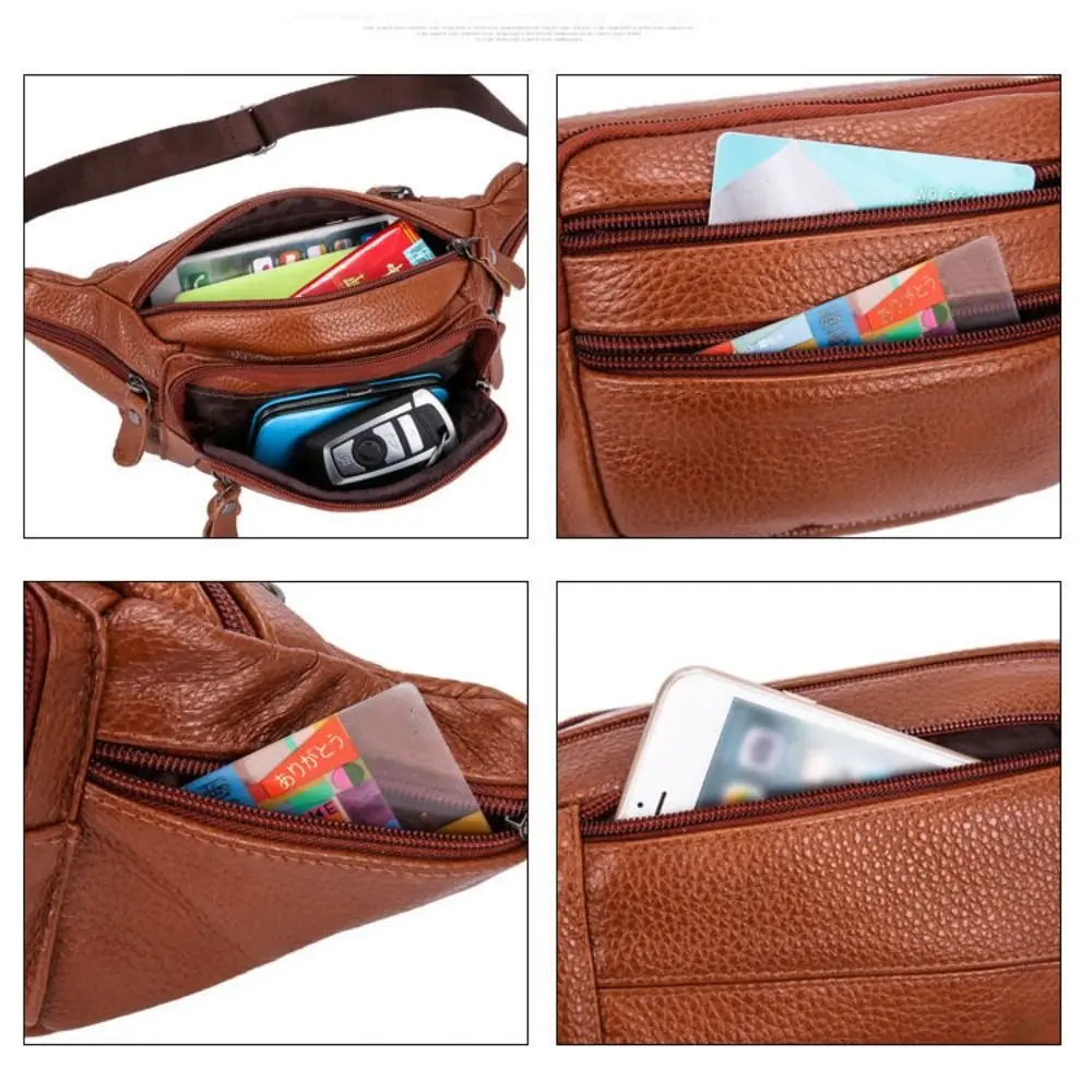 Fashion Multi-layered Men's Waist Bag Fashion Waterproof Large Capacity Travel Phone Bag PU Leather Zipper Waist Purse Pack