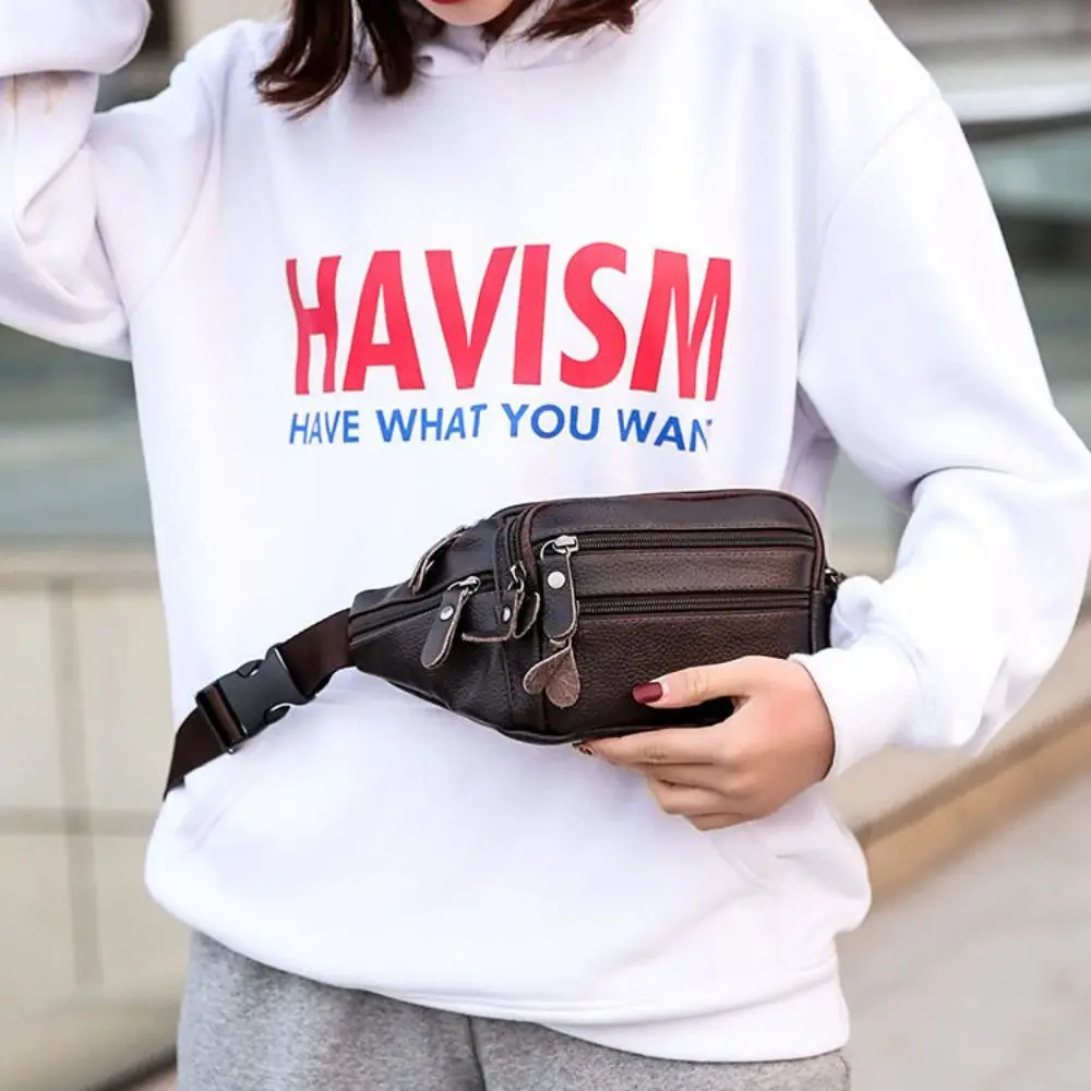 Fashion Multi-layered Men's Waist Bag Fashion Waterproof Large Capacity Travel Phone Bag PU Leather Zipper Waist Purse Pack