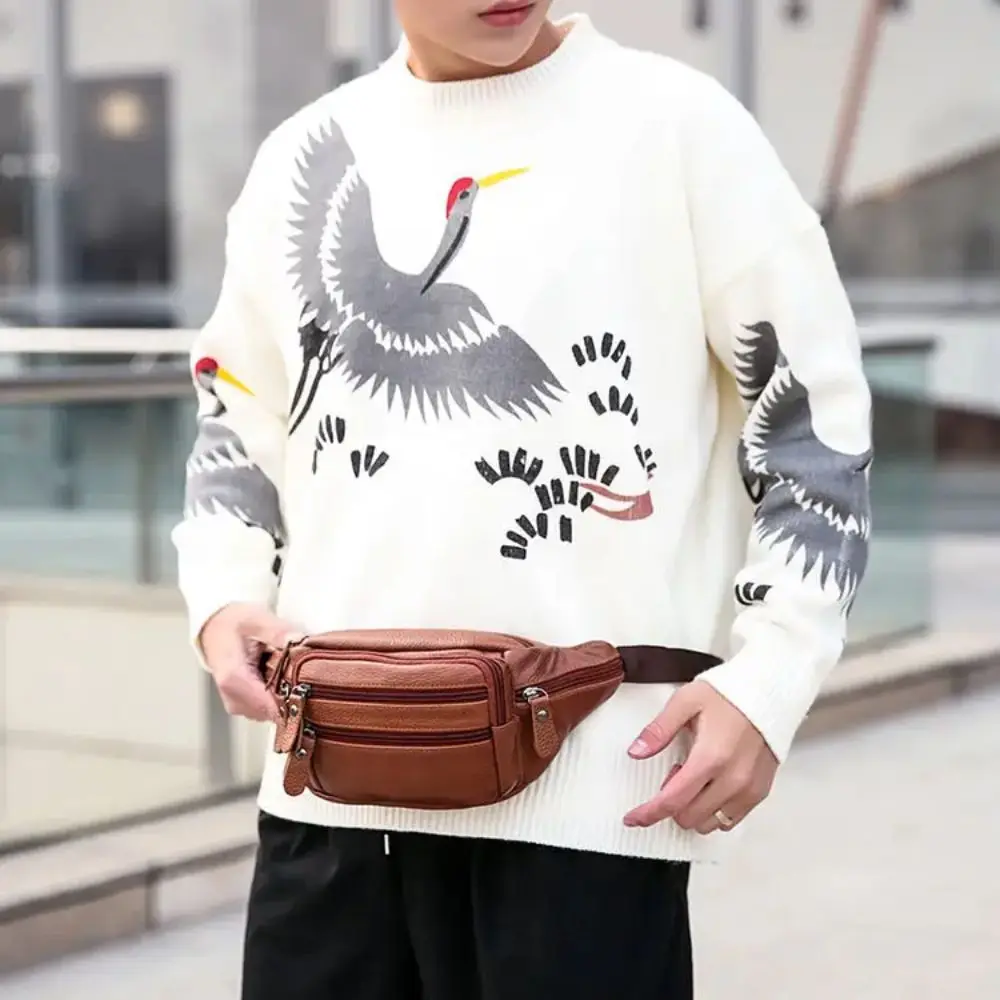 Fashion Multi-layered Men's Waist Bag Fashion Waterproof Large Capacity Travel Phone Bag PU Leather Zipper Waist Purse Pack