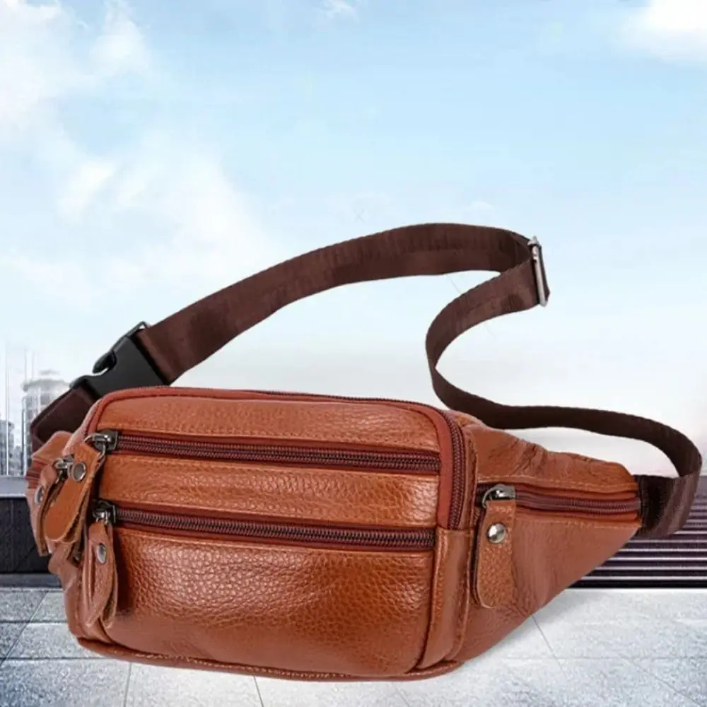 Fashion Multi-layered Men's Waist Bag Fashion Waterproof Large Capacity Travel Phone Bag PU Leather Zipper Waist Purse Pack