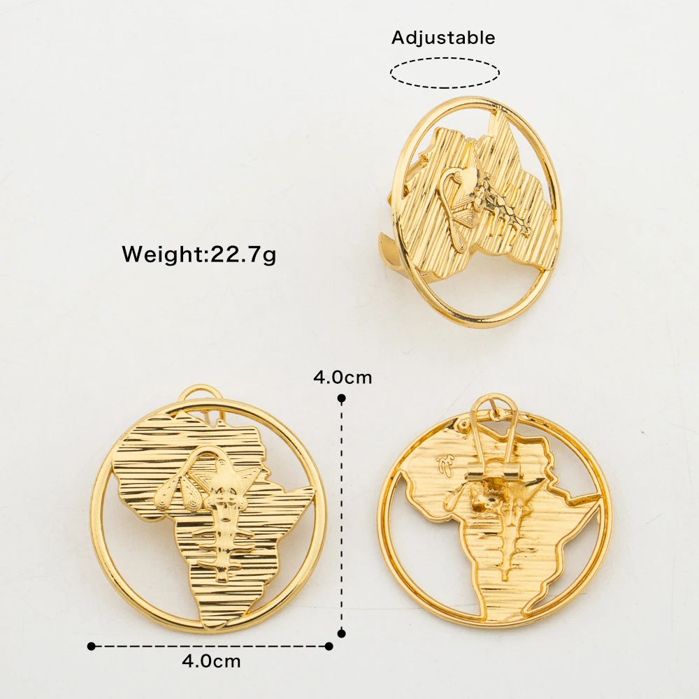 2pcs Jewelry Sets for Women Senegal Map Earrings Adjustable Round Ring Gold Plated Africa Map Romantic Banquet Jewellry Gifts