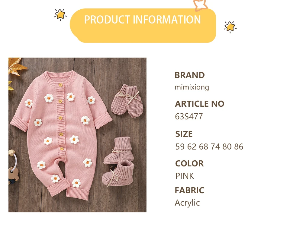 Sweet Floral Print  Baby Girls Long Sleeve Rompers Fresh Babies Jumpsuit Knitted Acrylic Newborn One-piece Bodysuit Pullovers