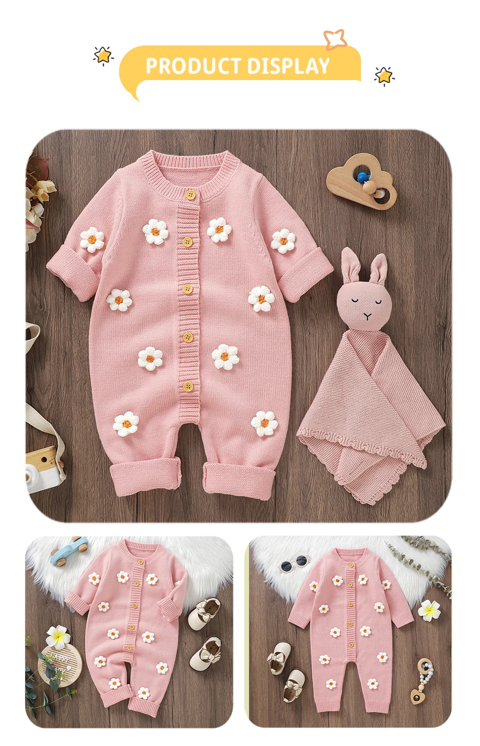Sweet Floral Print  Baby Girls Long Sleeve Rompers Fresh Babies Jumpsuit Knitted Acrylic Newborn One-piece Bodysuit Pullovers