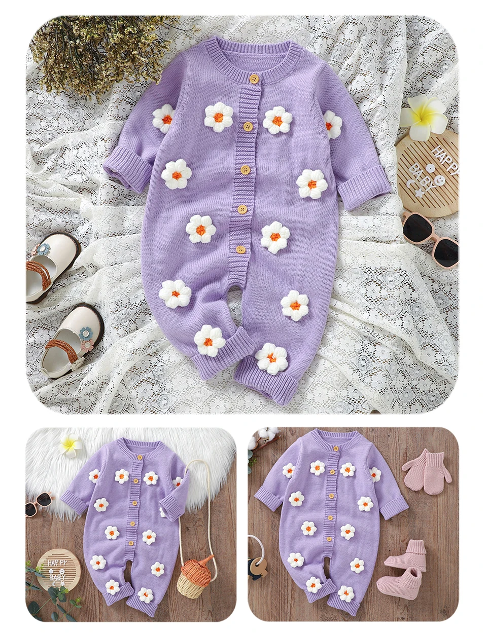 Sweet Floral Print  Baby Girls Long Sleeve Rompers Fresh Babies Jumpsuit Knitted Acrylic Newborn One-piece Bodysuit Pullovers