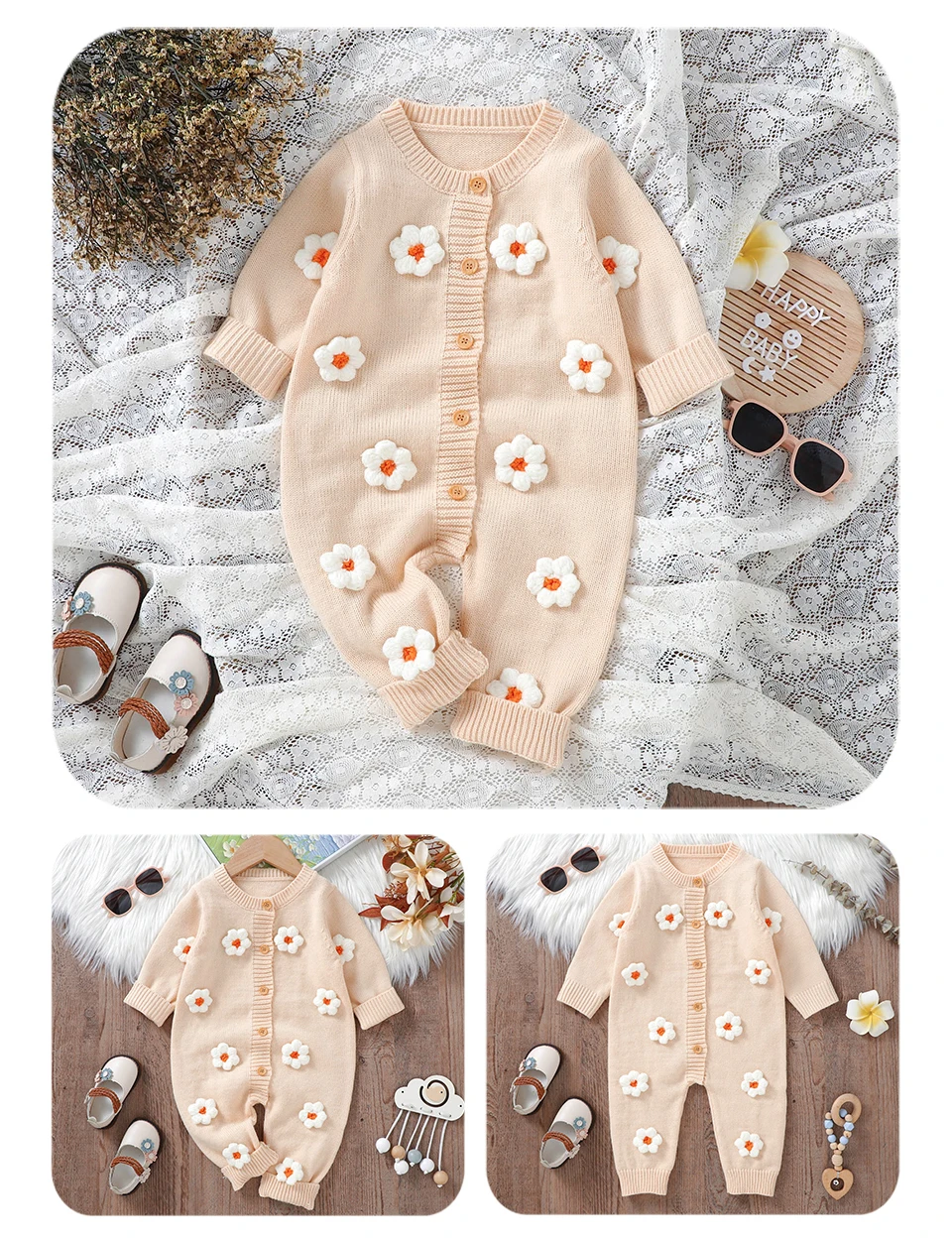 Sweet Floral Print  Baby Girls Long Sleeve Rompers Fresh Babies Jumpsuit Knitted Acrylic Newborn One-piece Bodysuit Pullovers