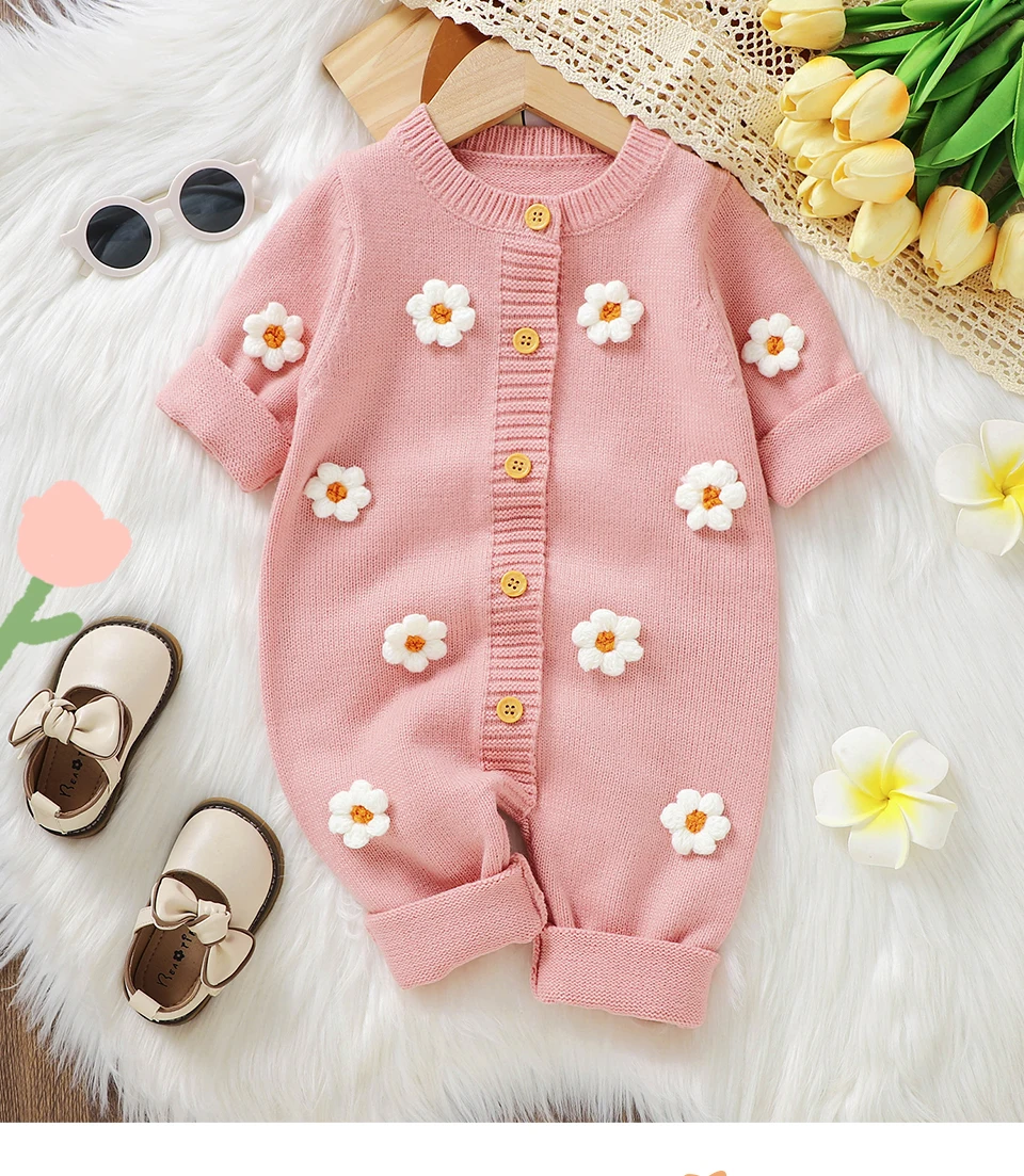 Sweet Floral Print  Baby Girls Long Sleeve Rompers Fresh Babies Jumpsuit Knitted Acrylic Newborn One-piece Bodysuit Pullovers