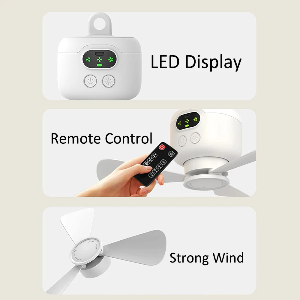 Ceiling Fan Portable Camping Tent Ceiling Canopy Fan 8000mah Rechargeable Wireless Fan Air Circulators with Remote Control Light