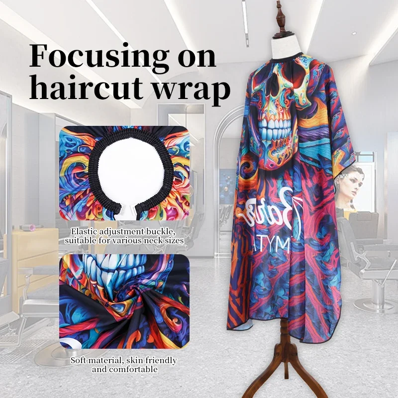 1pcs Hair Apron Skull Head Printed Barbershop Haircut Cape Antistatic Waterproof Hairdressing Cloth Gown Barber Accessories