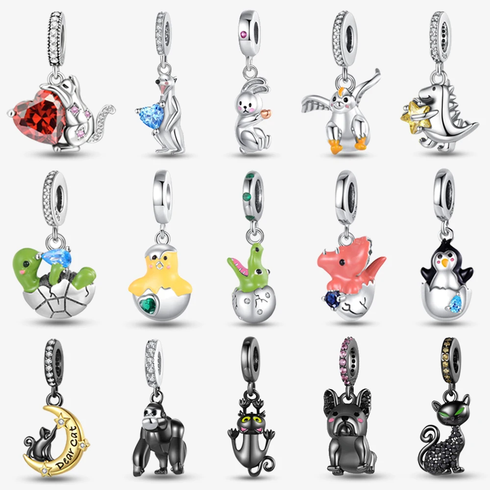 New 925 Sterling Silver Cute Animal Pet Cat Dog Rabbit Original Beads Charms for Pan DIY Bracelet Women Fine Jewellery Gift