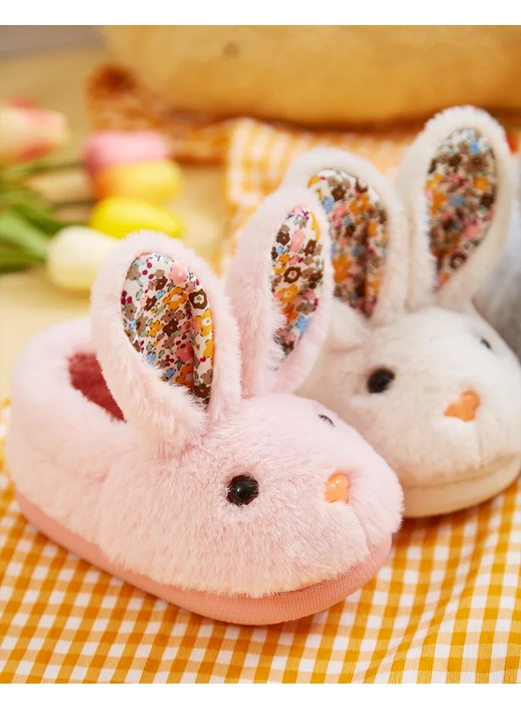 Children Indoor Slippers Winter Warm Cotton Shoes Kids Home Floor Slippers Cartoon Rabbit Anti-slip Boys Girls Plush Footwear