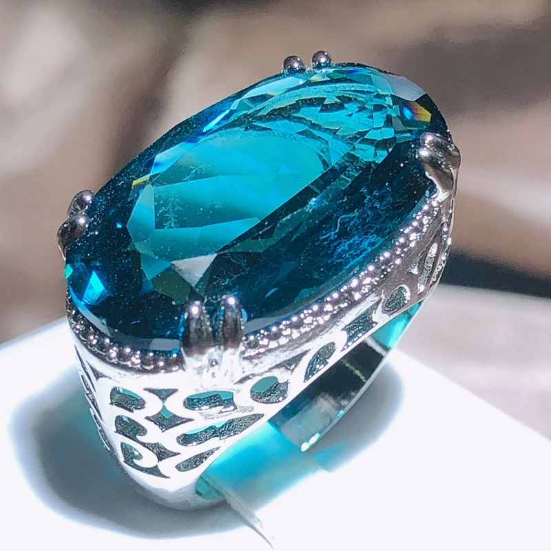 New Exaggerated Large Zircon Ring Women 925 Stamp Party Birthday Gift Oversized Blue Main Stone Ring