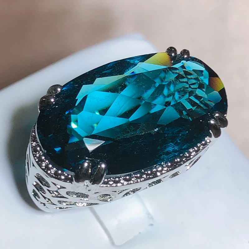 New Exaggerated Large Zircon Ring Women 925 Stamp Party Birthday Gift Oversized Blue Main Stone Ring
