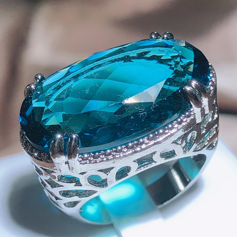 New Exaggerated Large Zircon Ring Women 925 Stamp Party Birthday Gift Oversized Blue Main Stone Ring