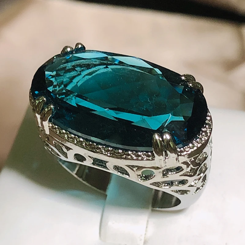 New Exaggerated Large Zircon Ring Women 925 Stamp Party Birthday Gift Oversized Blue Main Stone Ring