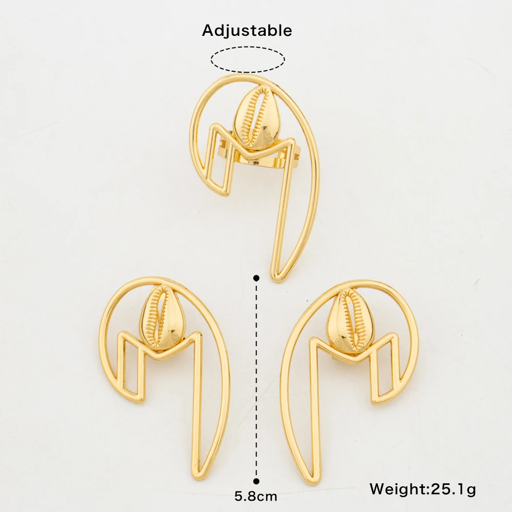 New Design Gold Color Earrings with Ring Jewelry Set for Party African Clip Earrings and Cocktail Ring 2Pcs Set for Weddings