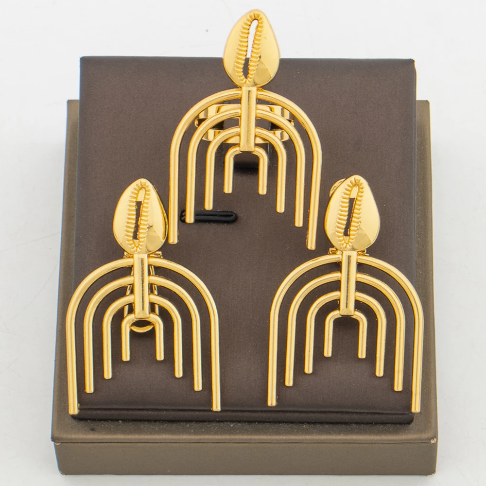 New Design Gold Color Earrings with Ring Jewelry Set for Party African Clip Earrings and Cocktail Ring 2Pcs Set for Weddings