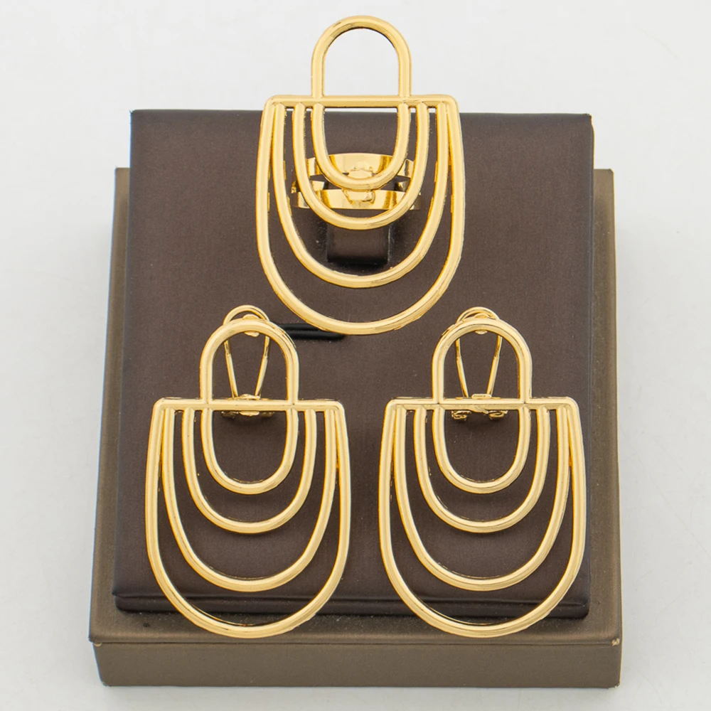 New Design Gold Color Earrings with Ring Jewelry Set for Party African Clip Earrings and Cocktail Ring 2Pcs Set for Weddings
